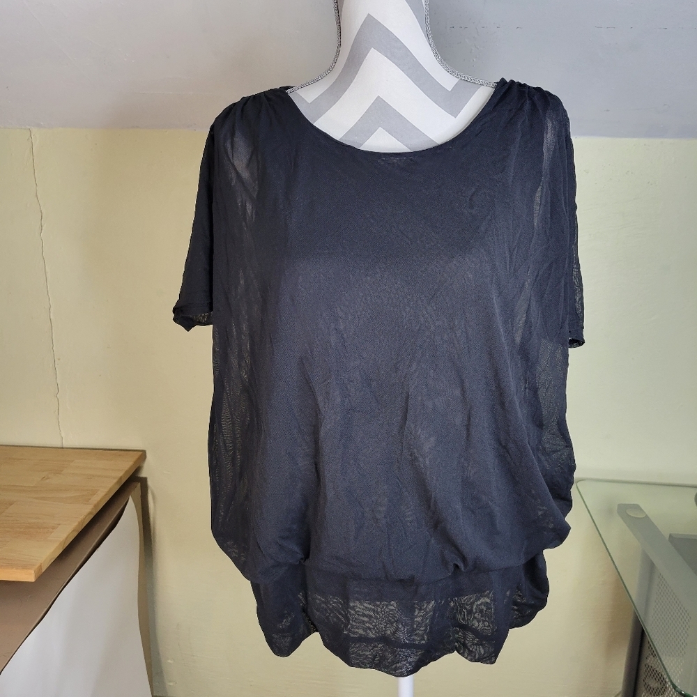 Womans Chicos Black Bat Wing Sleeve Nylon Layered Sheer Top Size 4 XL